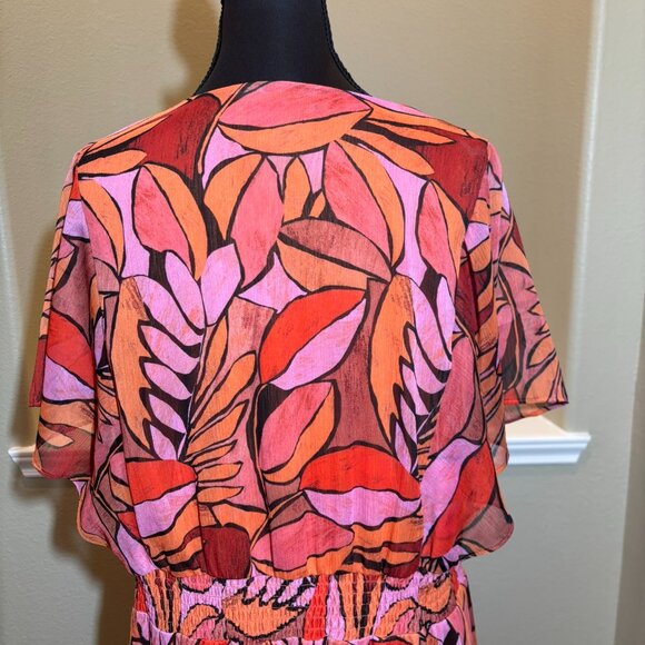🧡DKNY Red Orange Floral Tropical Flowy Colorful Plunging Neckline Dress Size 14 - Picture 9 of 10
